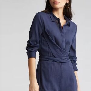 Caslon Wrap Front Long Sleeve Cotton Blend Jumpsuit Deep Blue Sz. XL‎